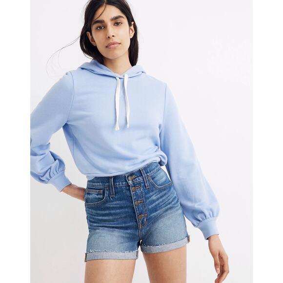 Madewell Blue Cropped Hoodie Womens Large Sweatshirt Bubble Sleeve Loungewear - Picture 11 of 12